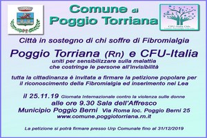 Il Comune di Poggio Torriana aderisce al progetto “Comuni a sostegno di chi soffre di fibromialgia” promosso dal Comitato Fibromialgici Uniti (C.f.u.) Italia